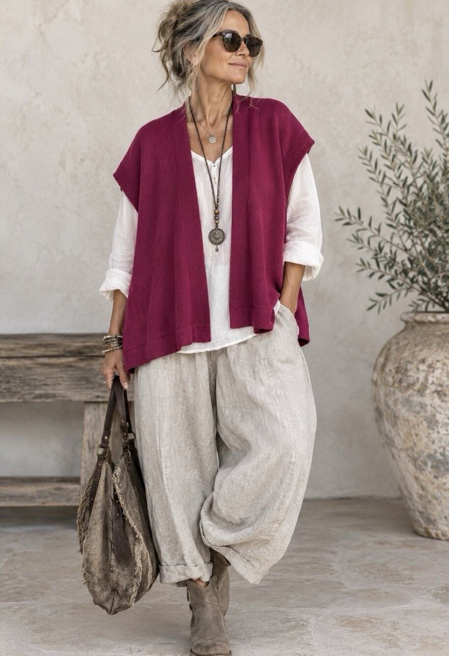 Gudrun Sjoden Sleeveless Cardigan Knit Burgundy Lagenlook XL Organic Cotton